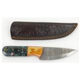 New Damascus Steel Drop Point Knife with Leather