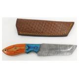New Damascus Steel Tanto Knife with Leather