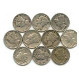 Group of (10) 90% Silver Mercury Dimes