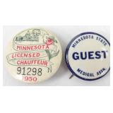 2 Vintage Minnesota Buttons - 1950 Licensed