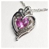 Silver Created Pink Sapphire Heart Shaped Pendant