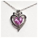 Silver Created Pink Sapphire Heart Shaped Pendant