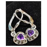 Silver Amethyst Marcasite Clasp Lever Earrings,