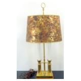 Wood and Brass Double Candlestick Lamp with Shade Wood and Brass Double Candlestick Lamp with Shade
