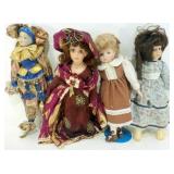 * 4 Porcelain Faced Dolls - 1 Jester * 4 Porcelain Faced Dolls - 1 Jester