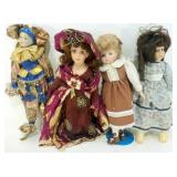 * 4 Porcelain Faced Dolls - 1 Jester