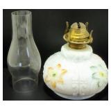 * Antique Milk Glass Painted Oil Lamp