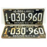 Matched Pair of 1953 Minnesota License Plates Matched Pair of 1953 Minnesota License Plates