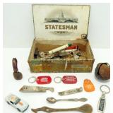 Cigar Box with Vintage Beer Openers, Keychains,