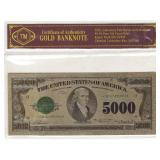 24k Gold Foil $5000 Banknote w/ COA