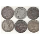 Six Morgan and Peace Dollars in Rough Condition, Six Morgan and Peace Dollars in Rough Condition,