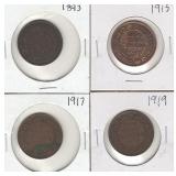 Four Canadian Large Cents - 1893, 1915, 1917, Four Canadian Large Cents - 1893, 1915, 1917,