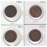 Four Canadian Large Cents - 1893, 1915, 1917,