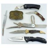 6 Knives and Belt Buckle - Buck, Old Timer, 6 Knives and Belt Buckle - Buck, Old Timer,
