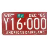 Vintage 1965 Wisconsin License Plate w/ 1967