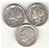 3 Silver Dimes - 2 Mercury & 1 Roosevelt 3 Silver Dimes - 2 Mercury & 1 Roosevelt