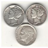 3 Silver Dimes - 2 Mercury & 1 Roosevelt