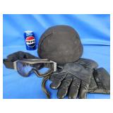 Helmet stamped 'M-1', Men's gloves size 4 and
