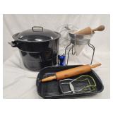 Enamelware pot & Baking dish, cone strainer and