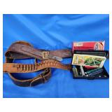 2 vintage ammo belts, 1 leather belt, knife