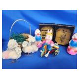 2 Chanille chickens w/ basket, 2 Friction Easter