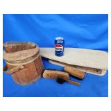 Wood firkin style shoe shine pail, shoe brushes