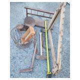 Wagon jacket. Egg basket, hammer, balance scale,