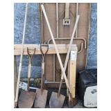 Tools - stone rake , 3 shovels floor scraper look