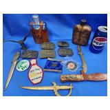 Belt buckles, letter openers, 2 flasks, Cecil