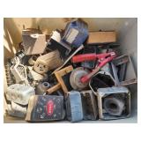 Tote of assorted electric parts and hardware.