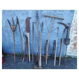 Collection Primitive farm tools, wood pitch fork