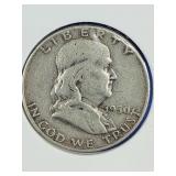 1950 Benjamin Franklin silver half dollar coin.