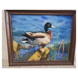 Acrylic on canvas of Mallard duck on driftwood.