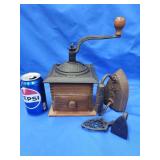 Dovetail case coffee grinder,  cast iron sadiron