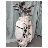 Ping golf bag and clubs: Ping S, 3, 4,5,6,7,8,9.