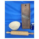 Vintage slaw board,  rolling pin and mixing bowl