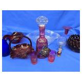 MCM Glassware Lot - Fenton Ruby Glass Basket Rose