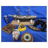 Lot - Binoculars,  Barometer , 2 Bosson Chalkware