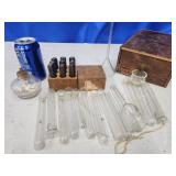 Vintage lab alcohol spirt lamp, lab test tubes,