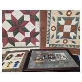 3 Quilted pieces and a framed cross stitching "