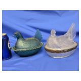 2 Indiana Glass Hen on Nest , MCM Iridescent