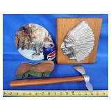 Tomahawk,  wood plaque with metal Native American