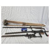 3 Antique bar clamps and a Tripod surveyors stand