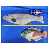 Plaster of Paris trout with metal fins and wood