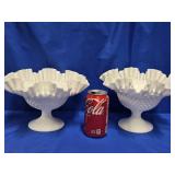 2 Fenton White Hobnail  Milk Glass Ruffle rim
