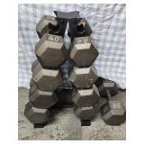 Casr Iron Hex end dumbells.  9 weights total.