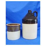 Stoneware jug and Stoneware crock.   Jug is 12" H