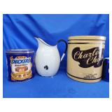 Charles Chip tin, enamelware pitcher and Snickers