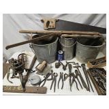 Tool Lot  - 2 Buckets , Cast Iron Christmas Tree