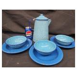 White speckled blue enamelware coffee pot, 3